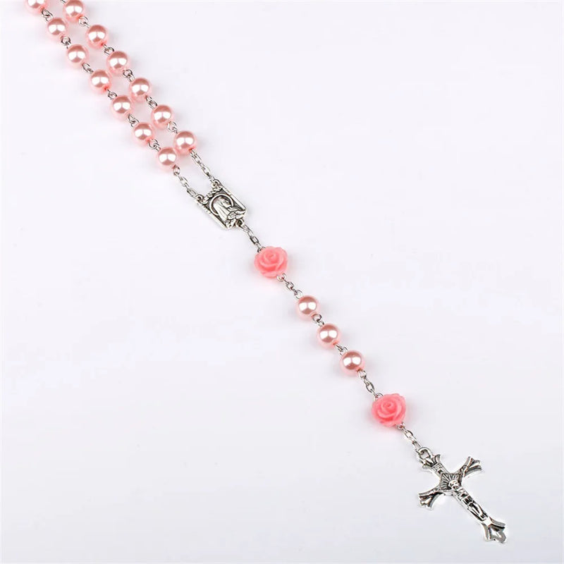 Terço Virgem Maria com Rosas de Contas de Vidro